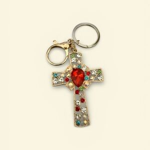Cross Keychain with Red and Multicolor Gems